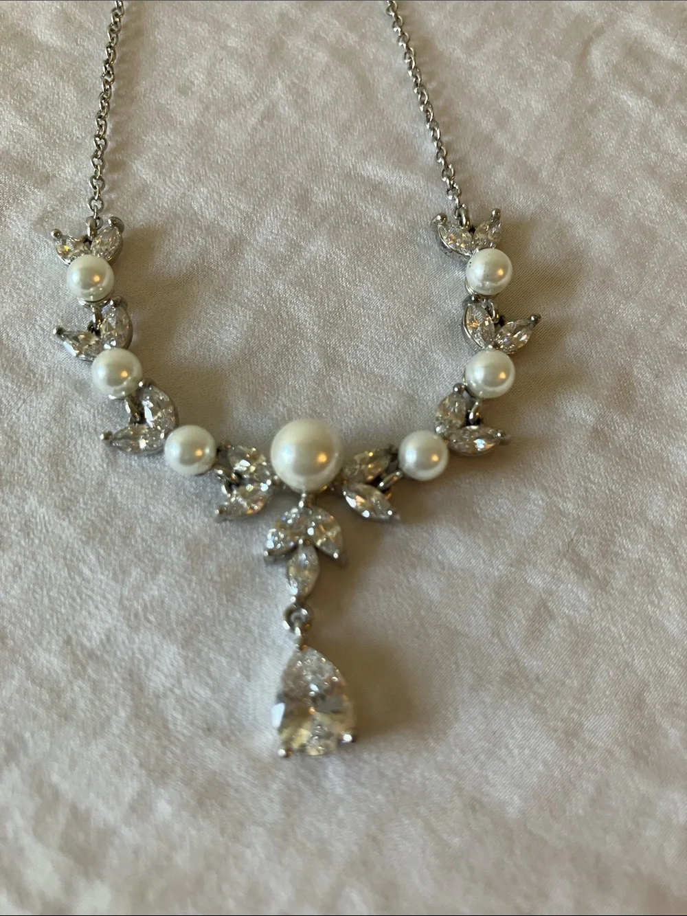 Faux Pearl & Crystal Drop Necklace - Silver Tone